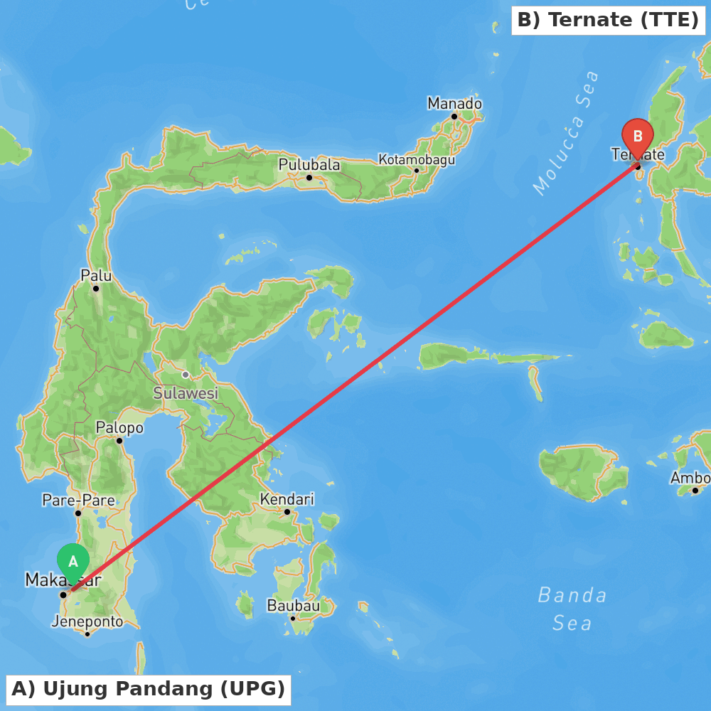 Flight route map from Ujung Pandang to Ternate