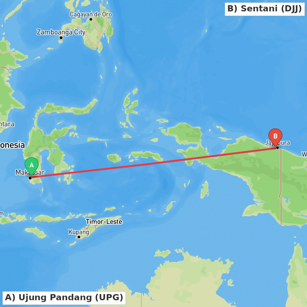 Flight route map from Ujung Pandang to Sentani