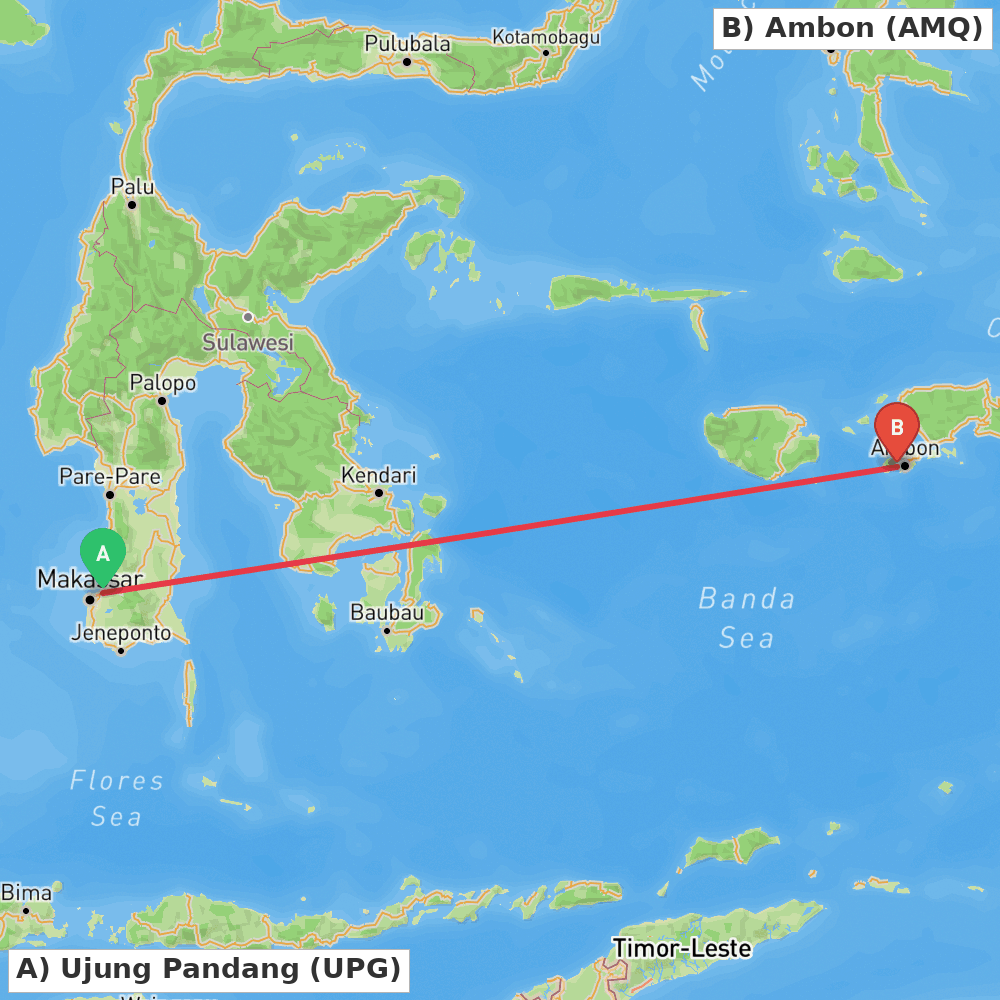 Flight route map from Ujung Pandang to Ambon