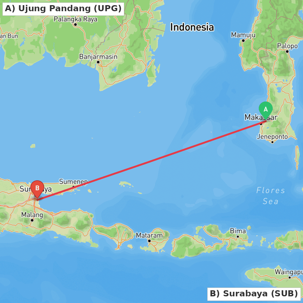 Flight route map from Ujung Pandang to Surabaya
