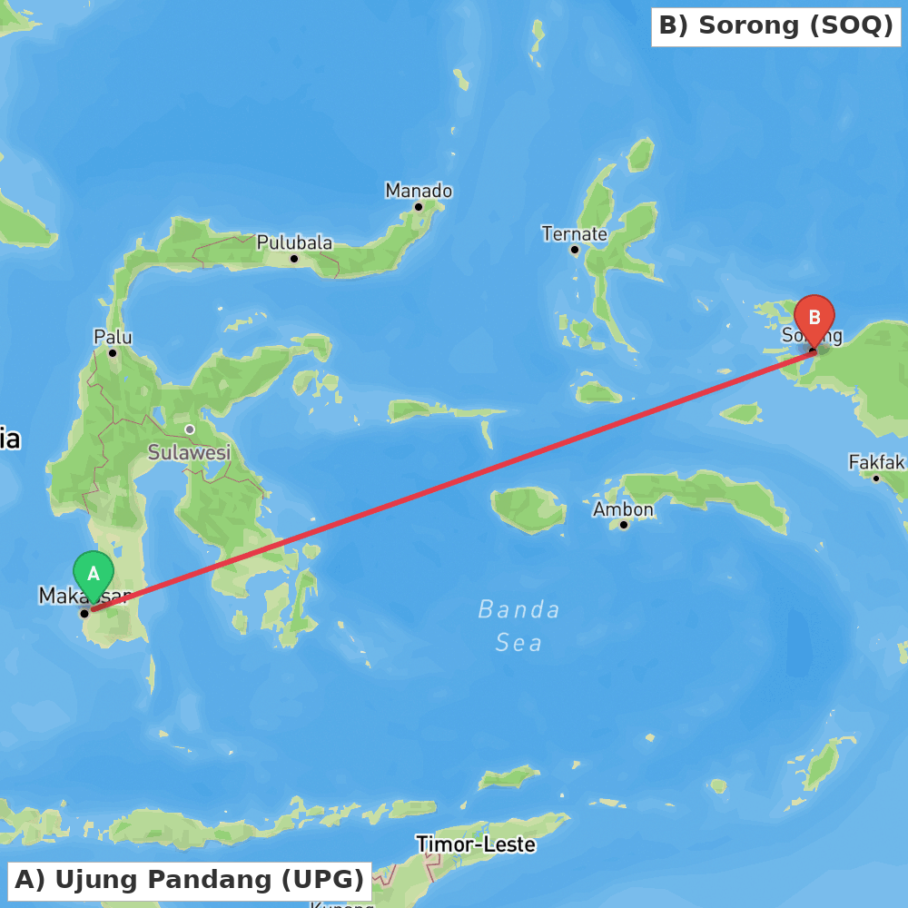 Flight route map from Ujung Pandang to Sorong