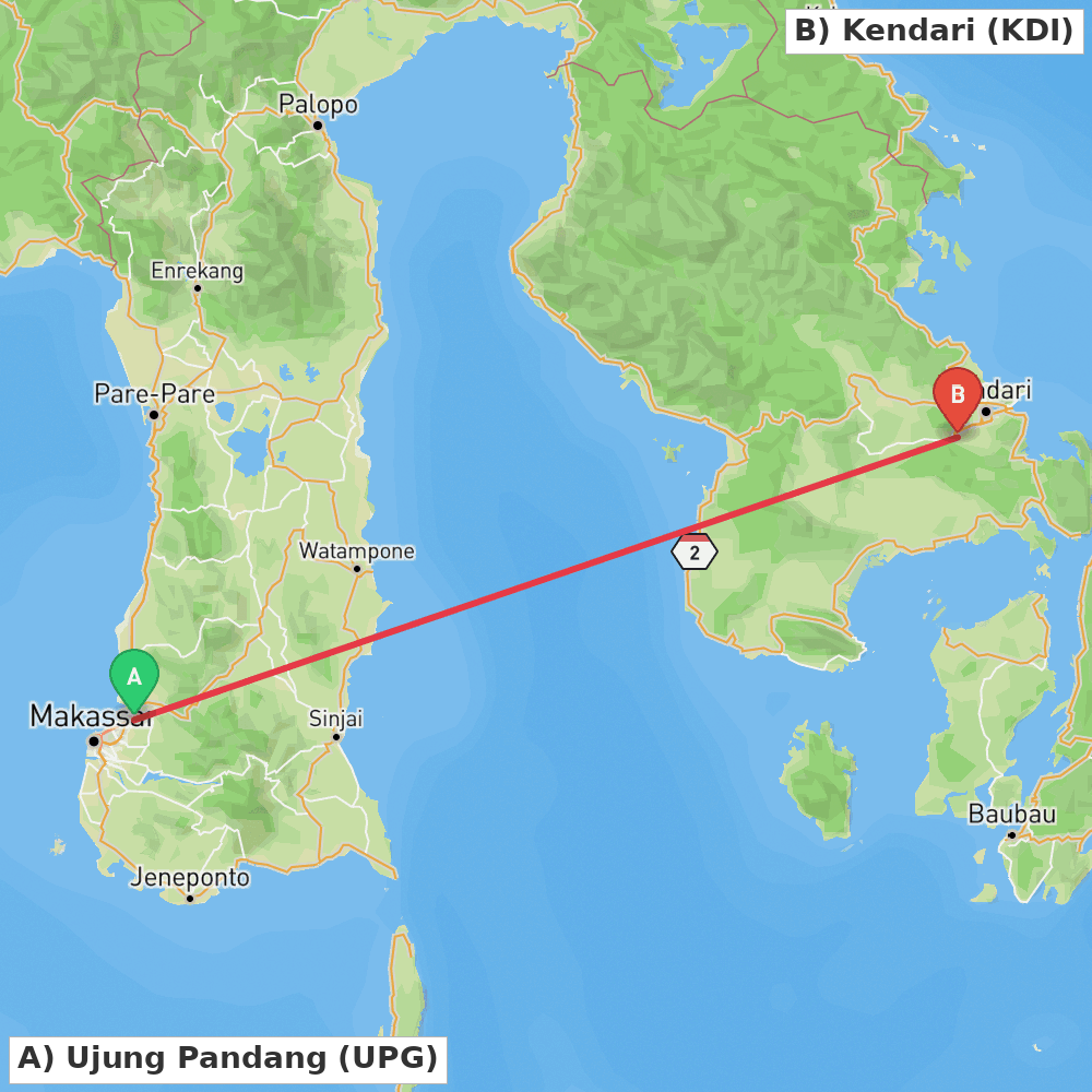 Flight route map from Ujung Pandang to Kendari