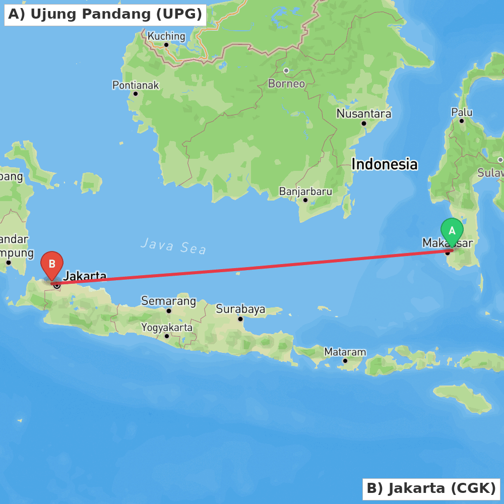 Flight route map from Ujung Pandang to Jakarta