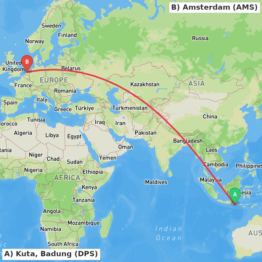 Flight route map from Kuta, Badung to Amsterdam