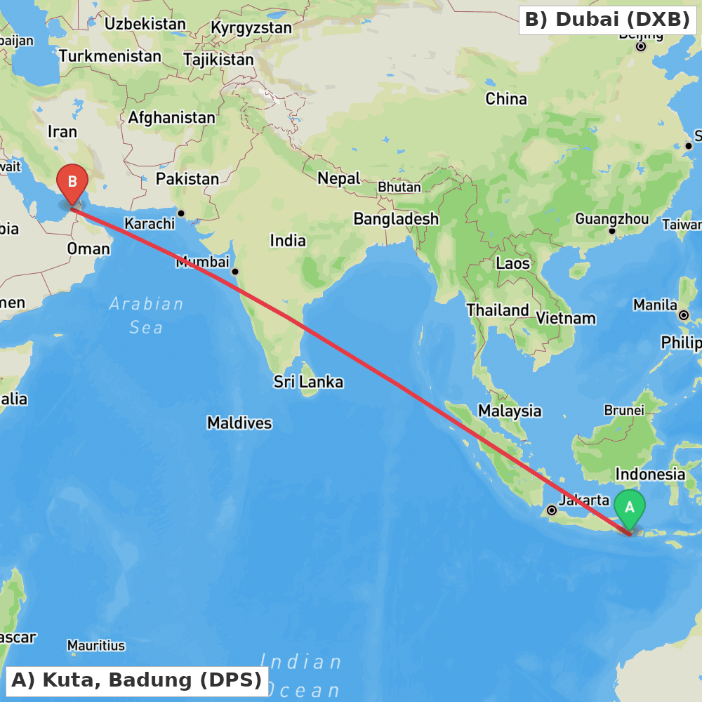 Flight route map from Kuta, Badung to Dubai