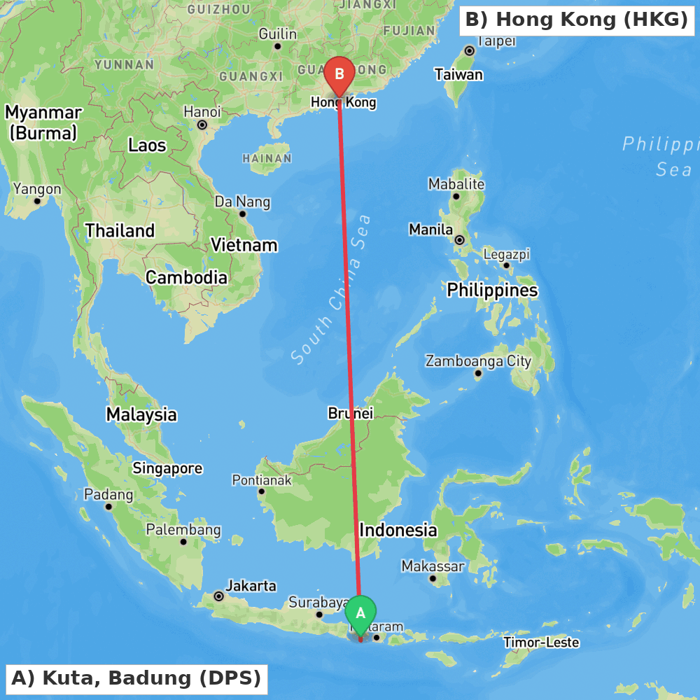 Flight route map from Kuta, Badung to Hong Kong