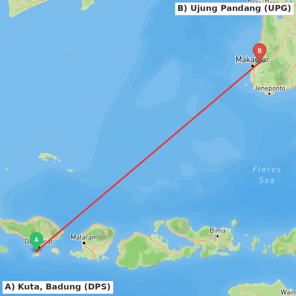 Flight route map from Kuta, Badung to Ujung Pandang