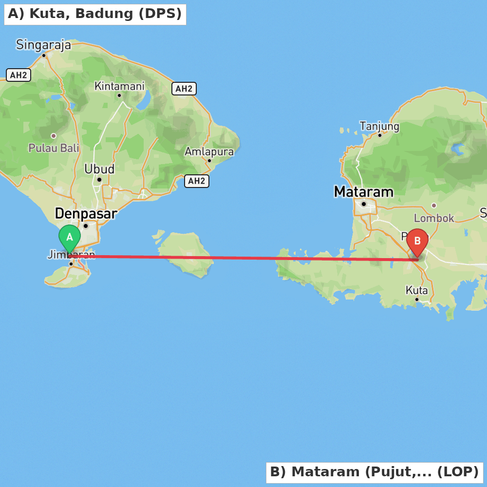 Flight route map from Kuta, Badung to Mataram (Pujut, Lombok Tengah)