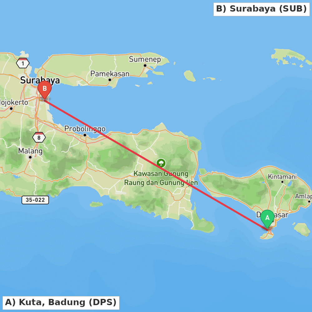 Flight route map from Kuta, Badung to Surabaya