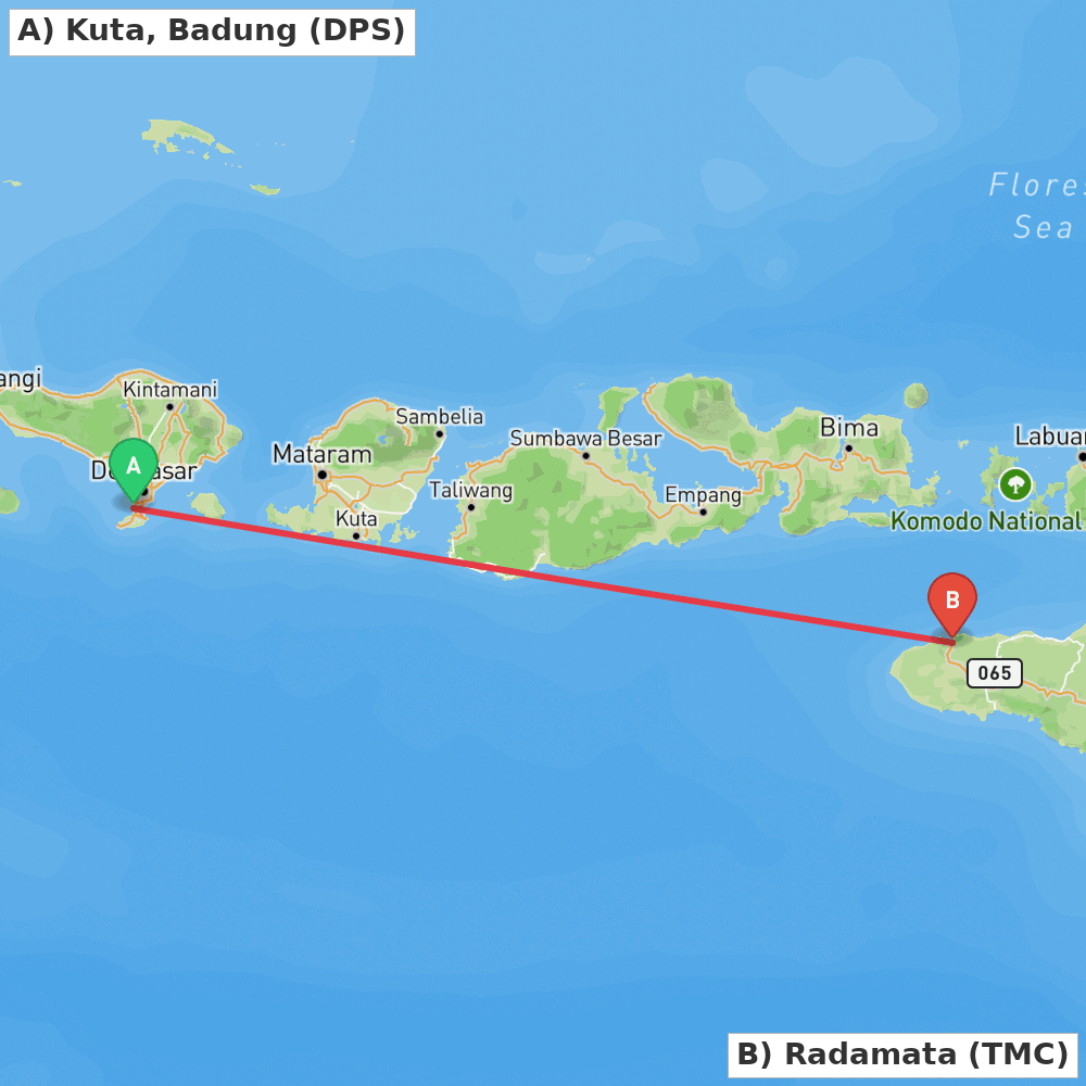 Flight route map from Kuta, Badung to Radamata