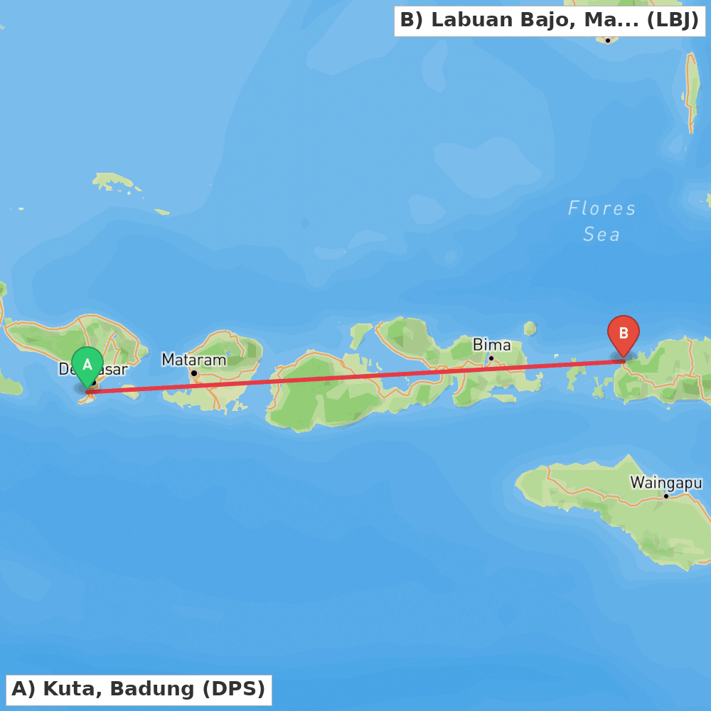 Flight route map from Kuta, Badung to Labuan Bajo, Manggarai Barat