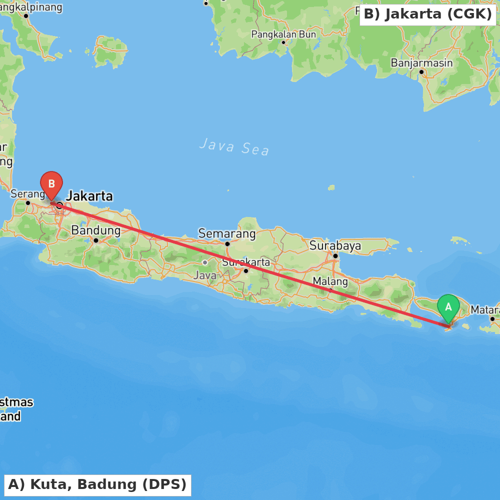 Flight route map from Kuta, Badung to Jakarta