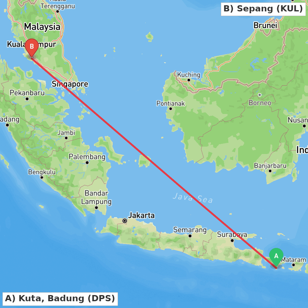 Flight route map from Kuta, Badung to Sepang