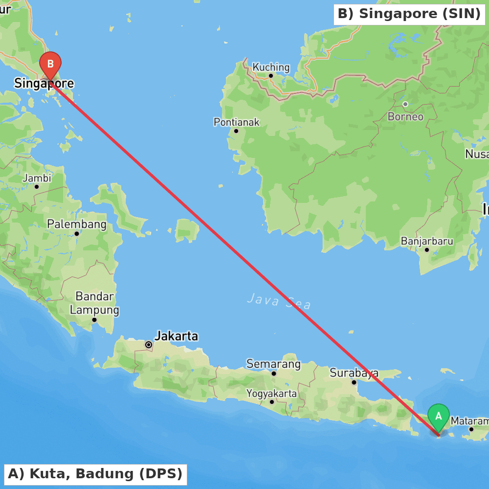 Flight route map from Kuta, Badung to Singapore