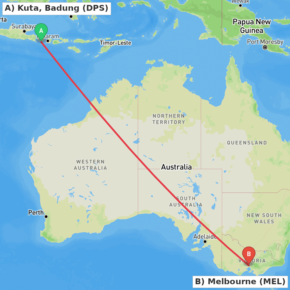 Flight route map from Kuta, Badung to Melbourne