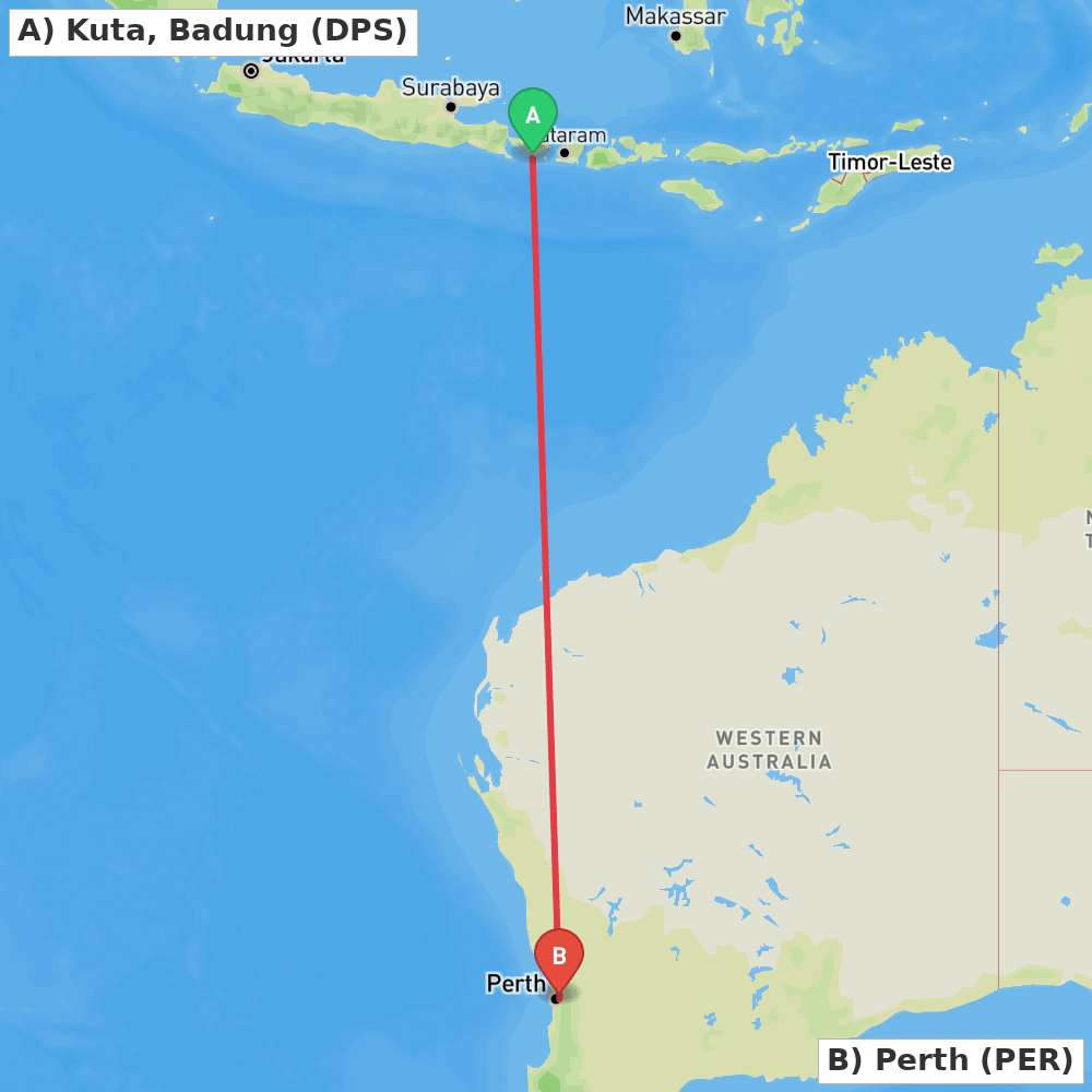 Flight route map from Kuta, Badung to Perth