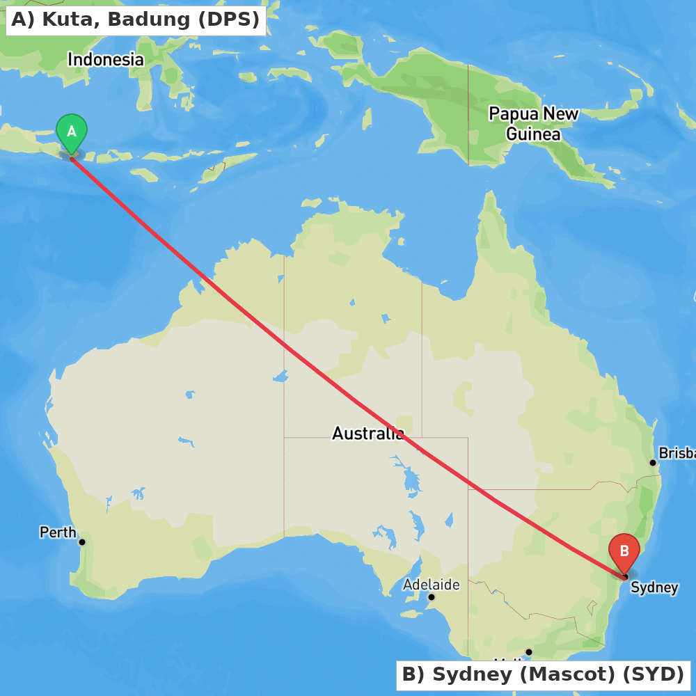 Flight route map from Kuta, Badung to Sydney (Mascot)