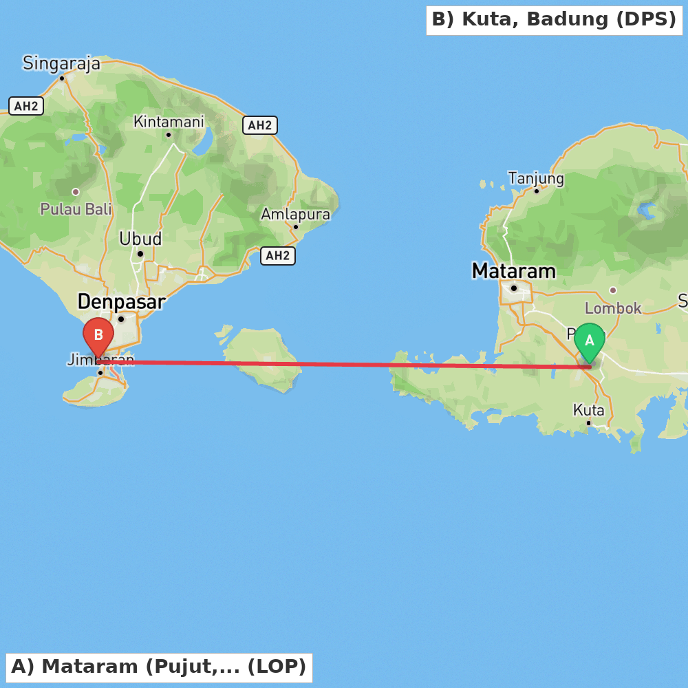 Flight route map from Mataram (Pujut, Lombok Tengah) to Kuta, Badung