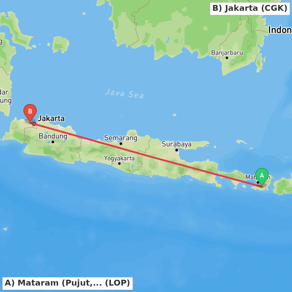 Flight route map from Mataram (Pujut, Lombok Tengah) to Jakarta