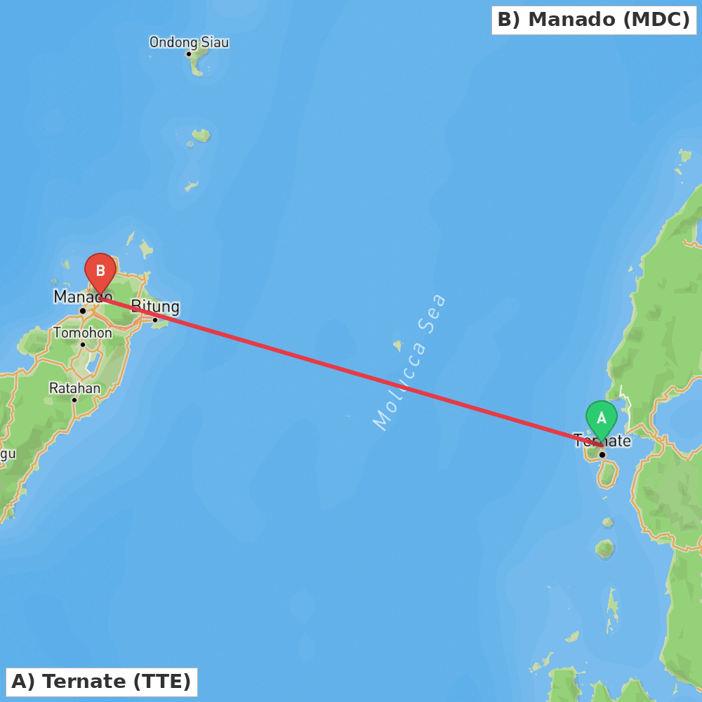 Flight route map from Ternate to Manado