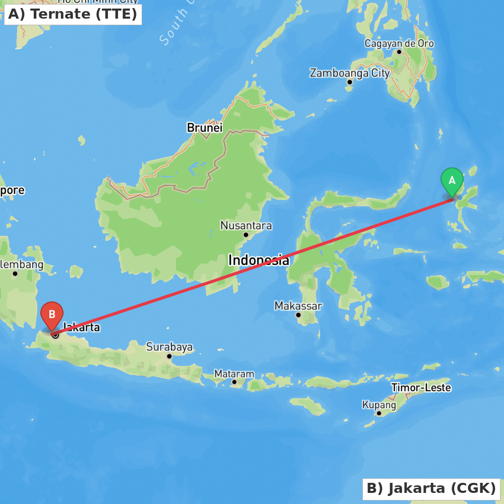 Flight route map from Ternate to Jakarta