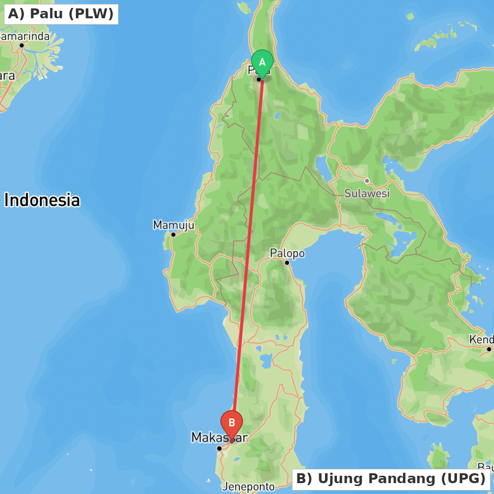 Flight route map from Palu to Ujung Pandang