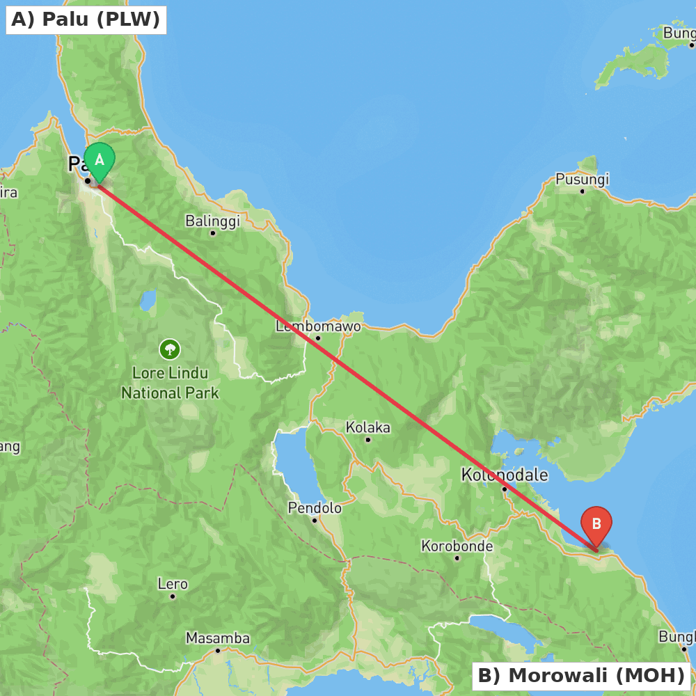 Flight route map from Palu to Morowali