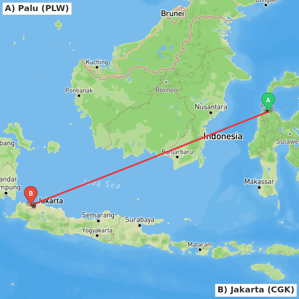 Flight route map from Palu to Jakarta