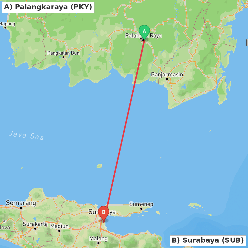 Flight route map from Palangkaraya to Surabaya