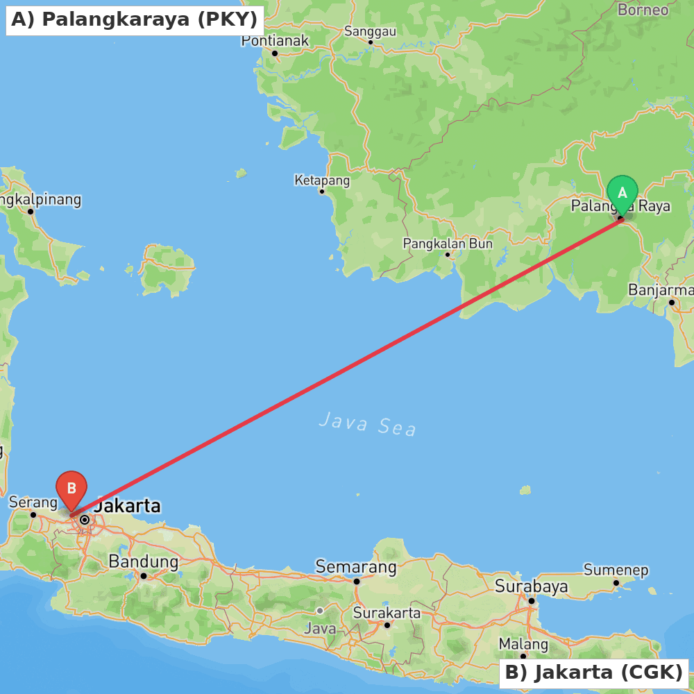 Flight route map from Palangkaraya to Jakarta