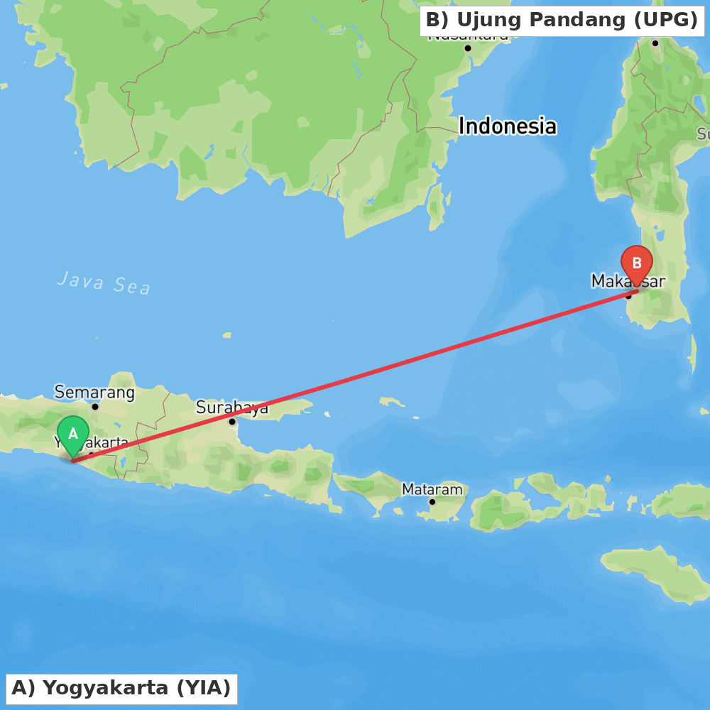 Flight route map from Yogyakarta to Ujung Pandang