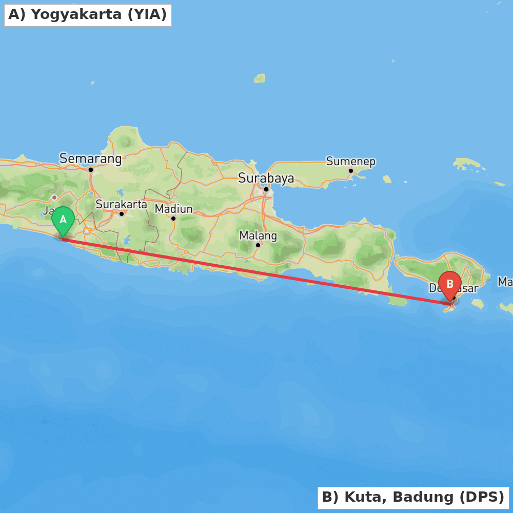Flight route map from Yogyakarta to Kuta, Badung