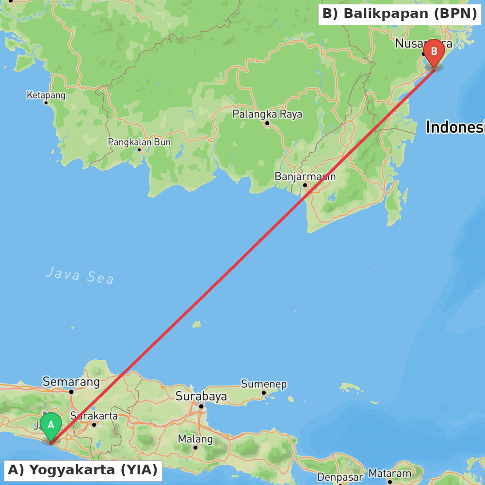 Flight route map from Yogyakarta to Balikpapan