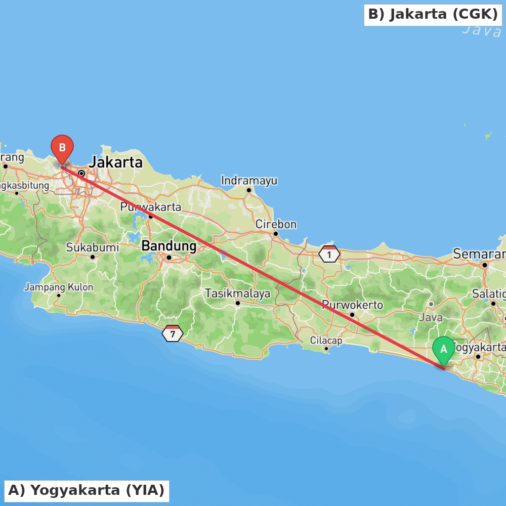 Flight route map from Yogyakarta to Jakarta