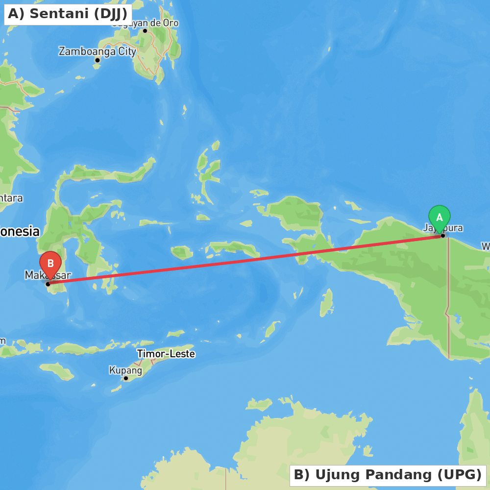 Flight route map from Sentani to Ujung Pandang