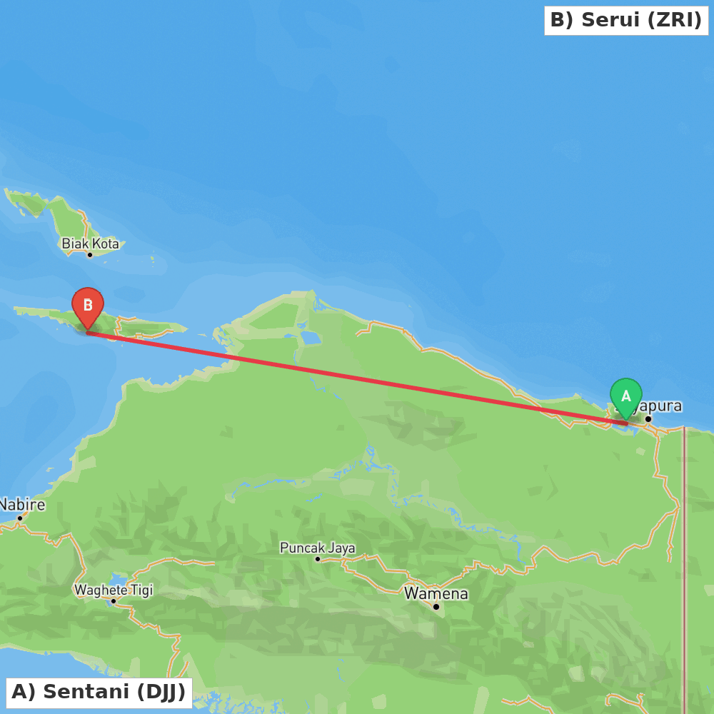 Flight route map from Sentani to Serui
