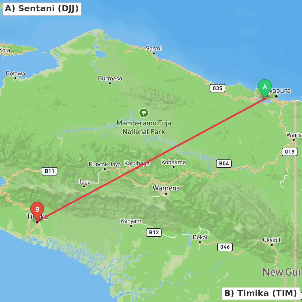 Flight route map from Sentani to Timika