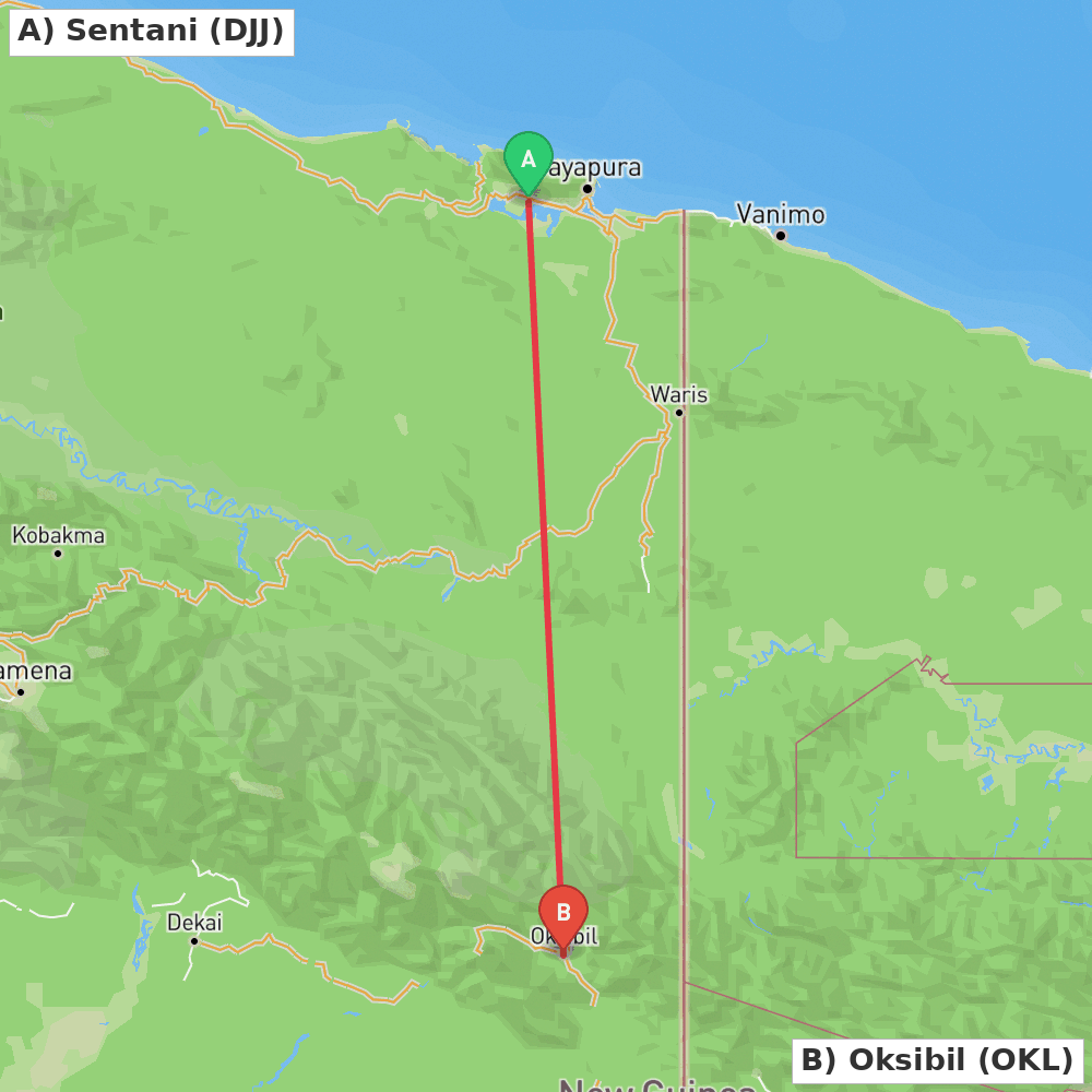 Flight route map from Sentani to Oksibil