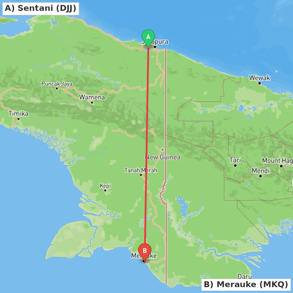Flight route map from Sentani to Merauke