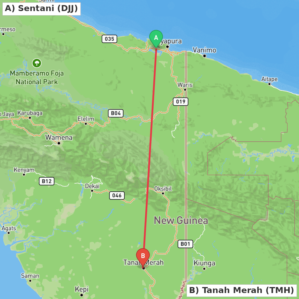 Flight route map from Sentani to Tanah Merah