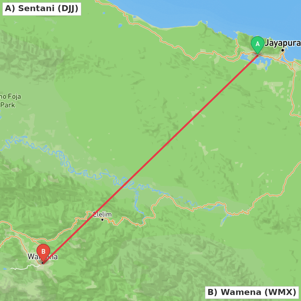Flight route map from Sentani to Wamena