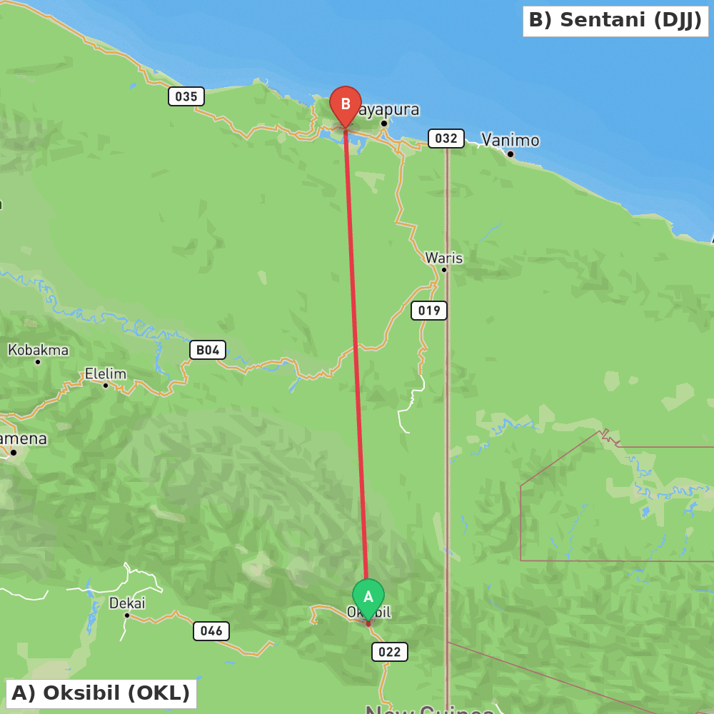 Flight route map from Oksibil to Sentani