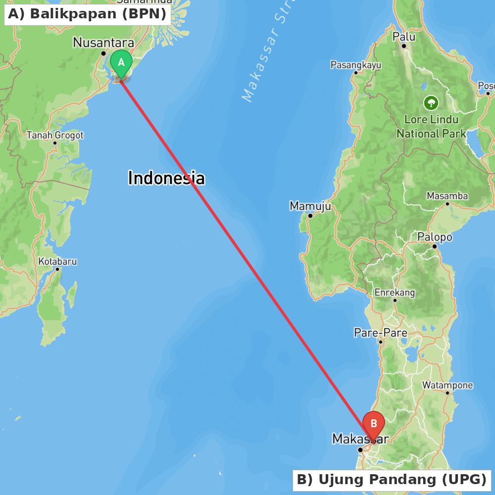Flight route map from Balikpapan to Ujung Pandang