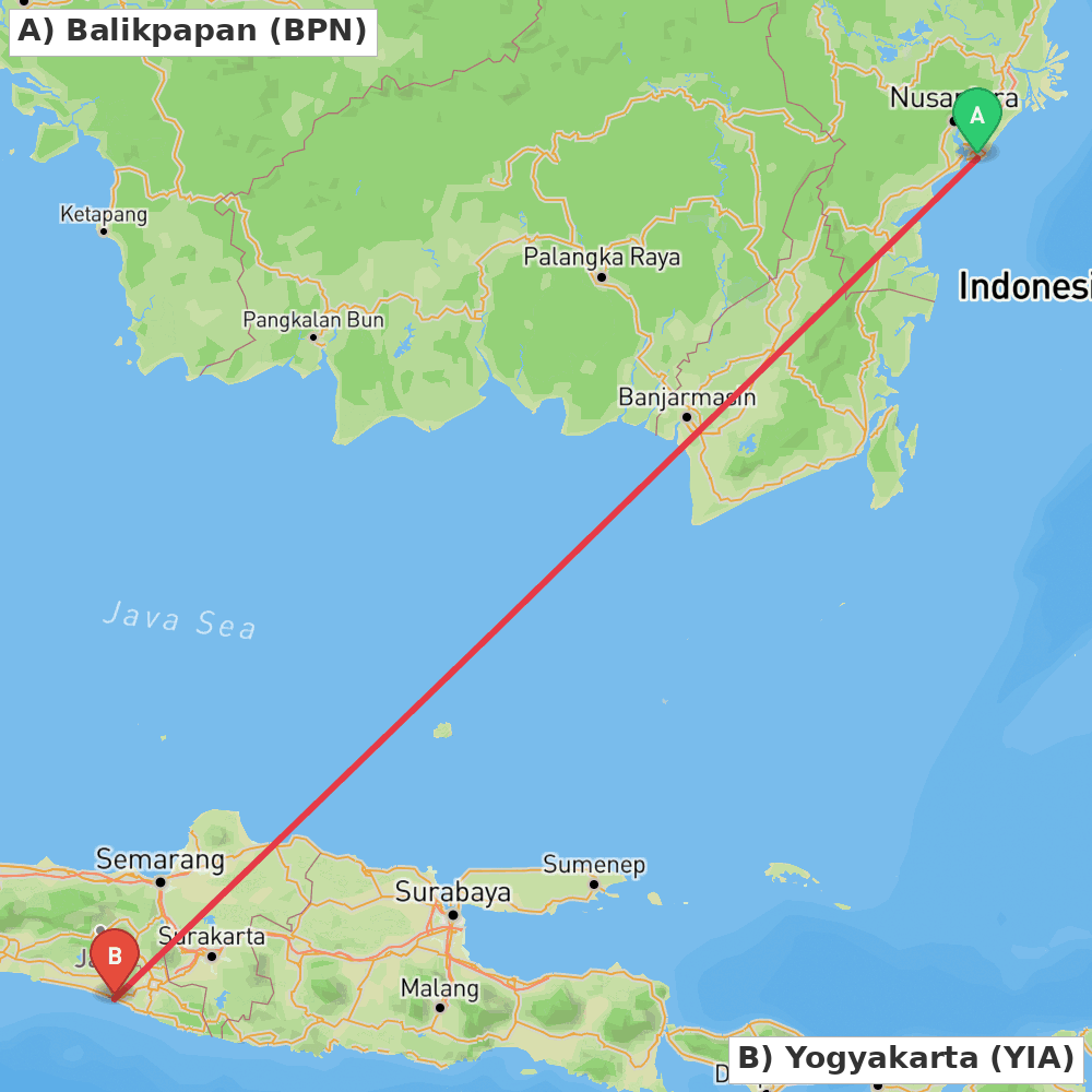 Flight route map from Balikpapan to Yogyakarta