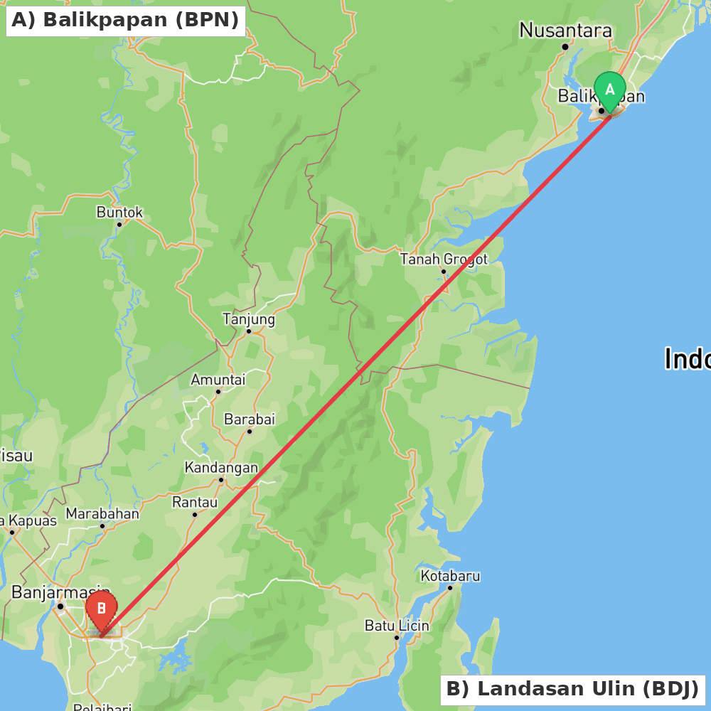 Flight route map from Balikpapan to Landasan Ulin