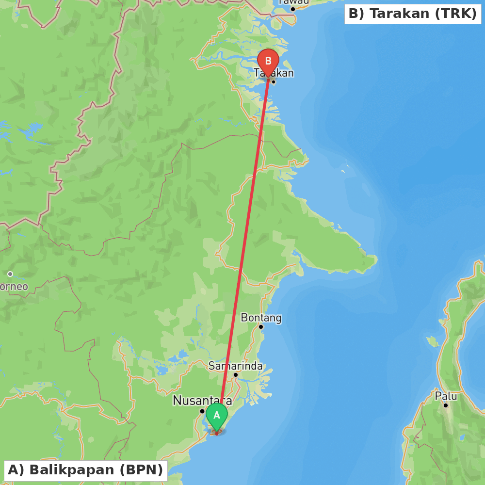 Flight route map from Balikpapan to Tarakan