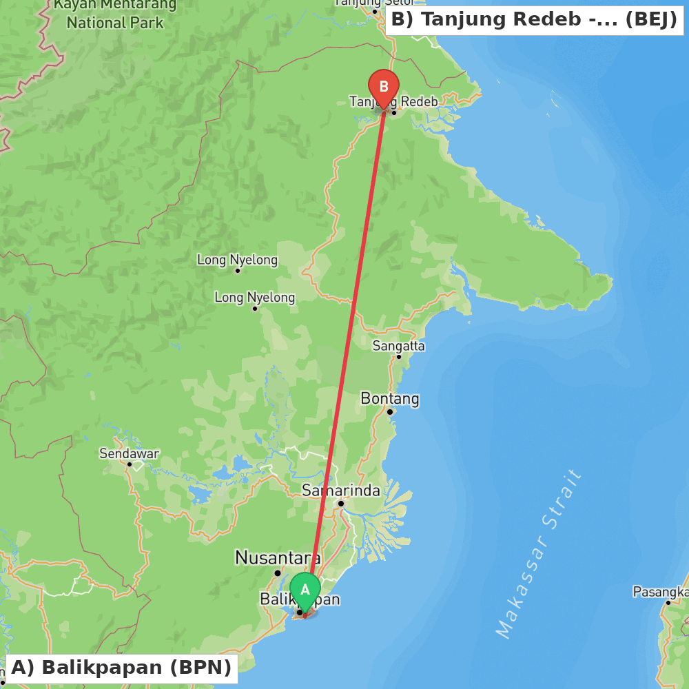 Flight route map from Balikpapan to Tanjung Redeb - Borneo Island
