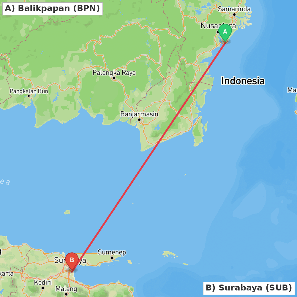 Flight route map from Balikpapan to Surabaya