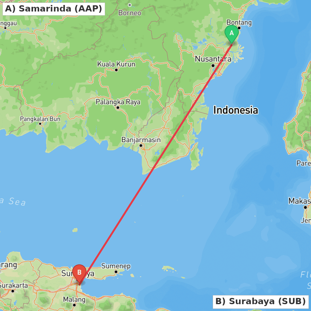 Flight route map from Samarinda to Surabaya