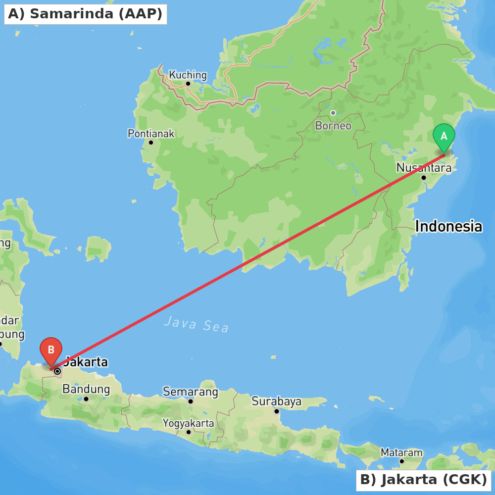 Flight route map from Samarinda to Jakarta